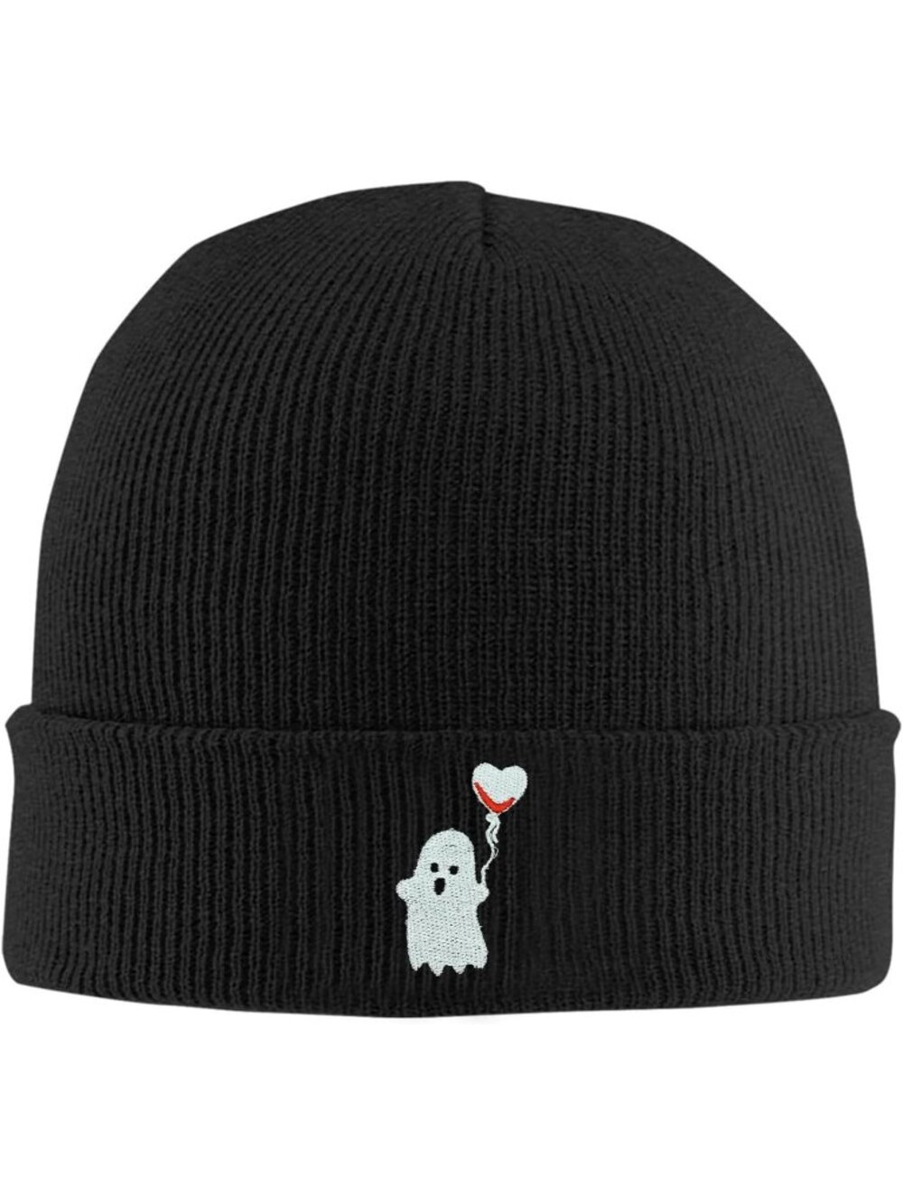 Unisax Black Ghost Embroidery Beanie Halloween Winter Warm Knit Cuffed Skull Cap